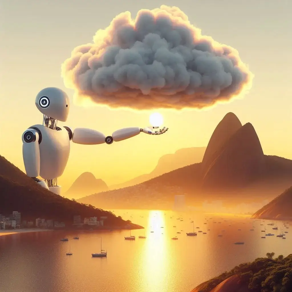 A giant humanoid AI Bot, moving with his hands the cloud above the Sugar Loaf of Rio de Janeiro, so the Sunrise appears above the water.
